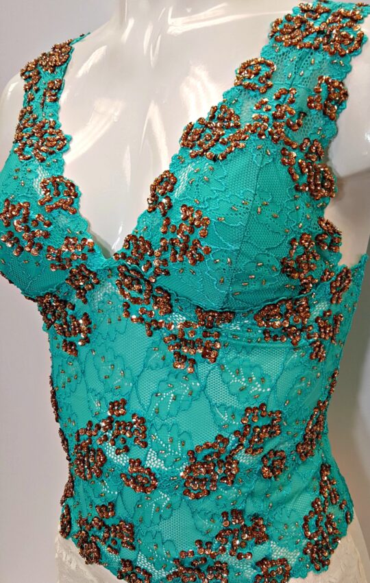 Beaded Lace Top-Urvashi-Green Gold